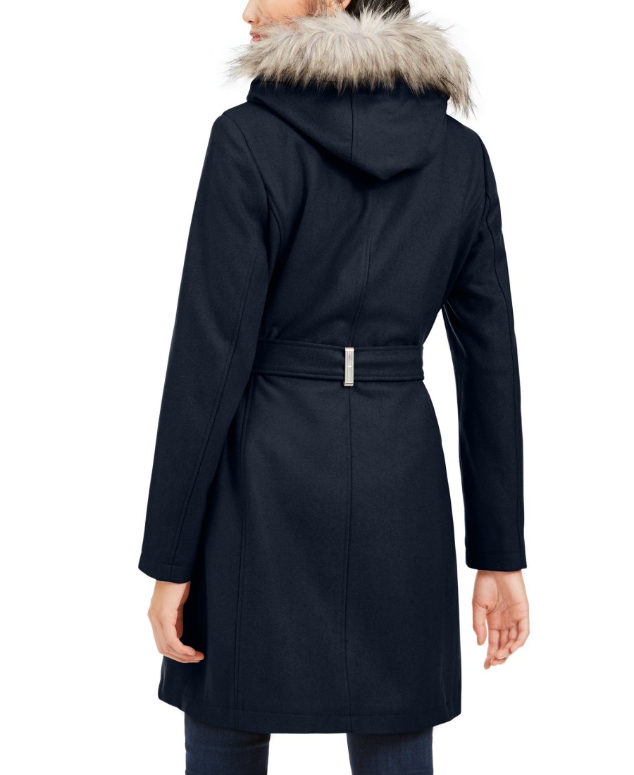 Women'S Tommy Hilfiger | Belted Faux-Fur-Trim Hooded Coat Navy