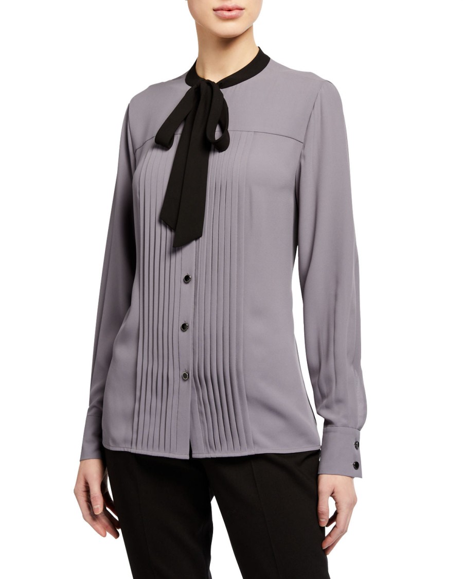 Women'S Anne Klein | Tie-Neck Tuxedo Blouse Grey