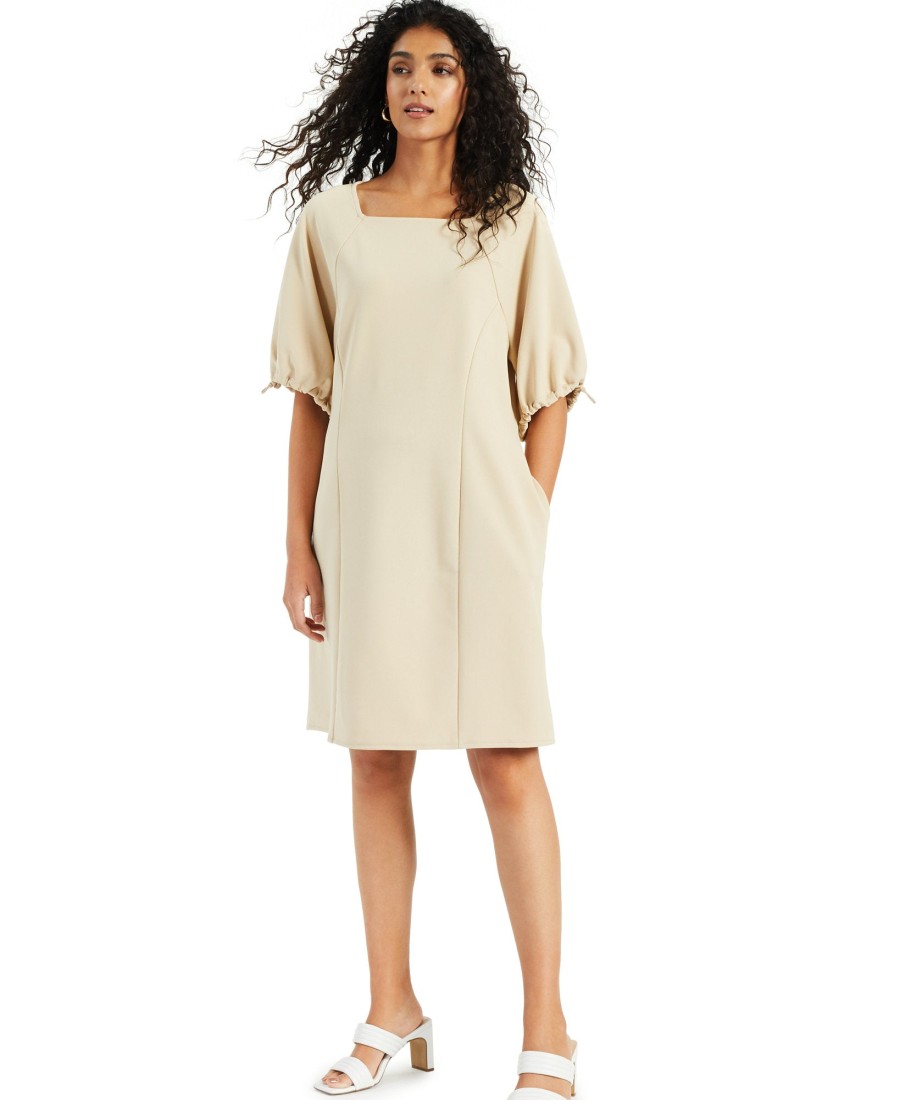 Juniors' Alfani | Cinch-Sleeve Dress Cream Beige