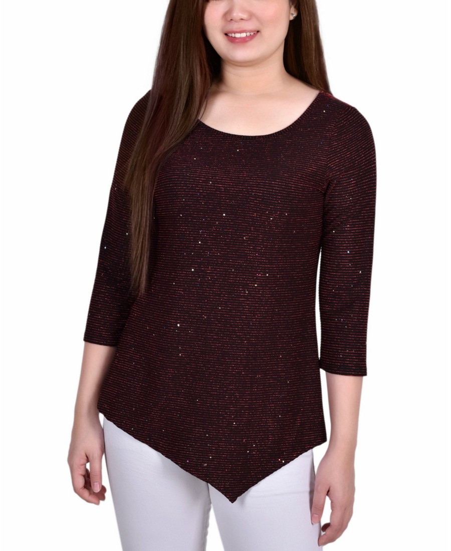 Women'S NY Collection | 3/4 Sleeve Iridescent Bar Back Top Wine/Gold