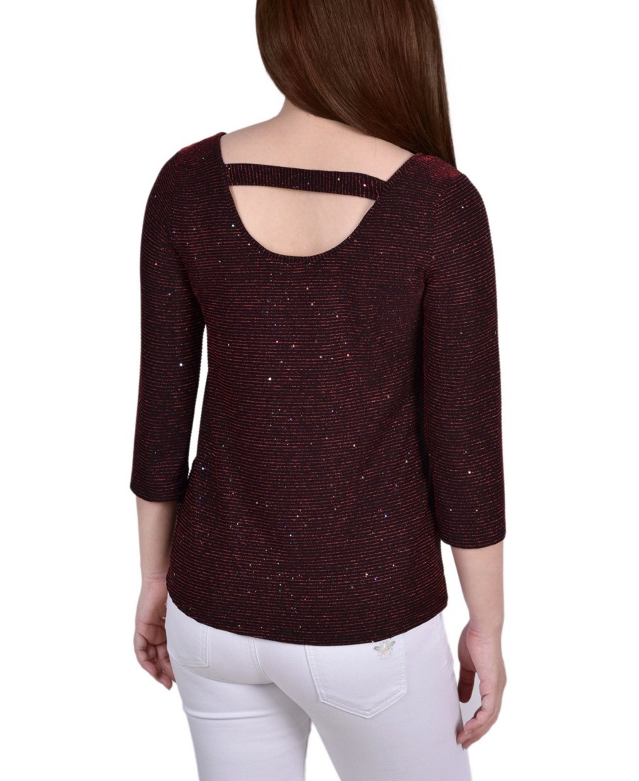 Women'S NY Collection | 3/4 Sleeve Iridescent Bar Back Top Wine/Gold