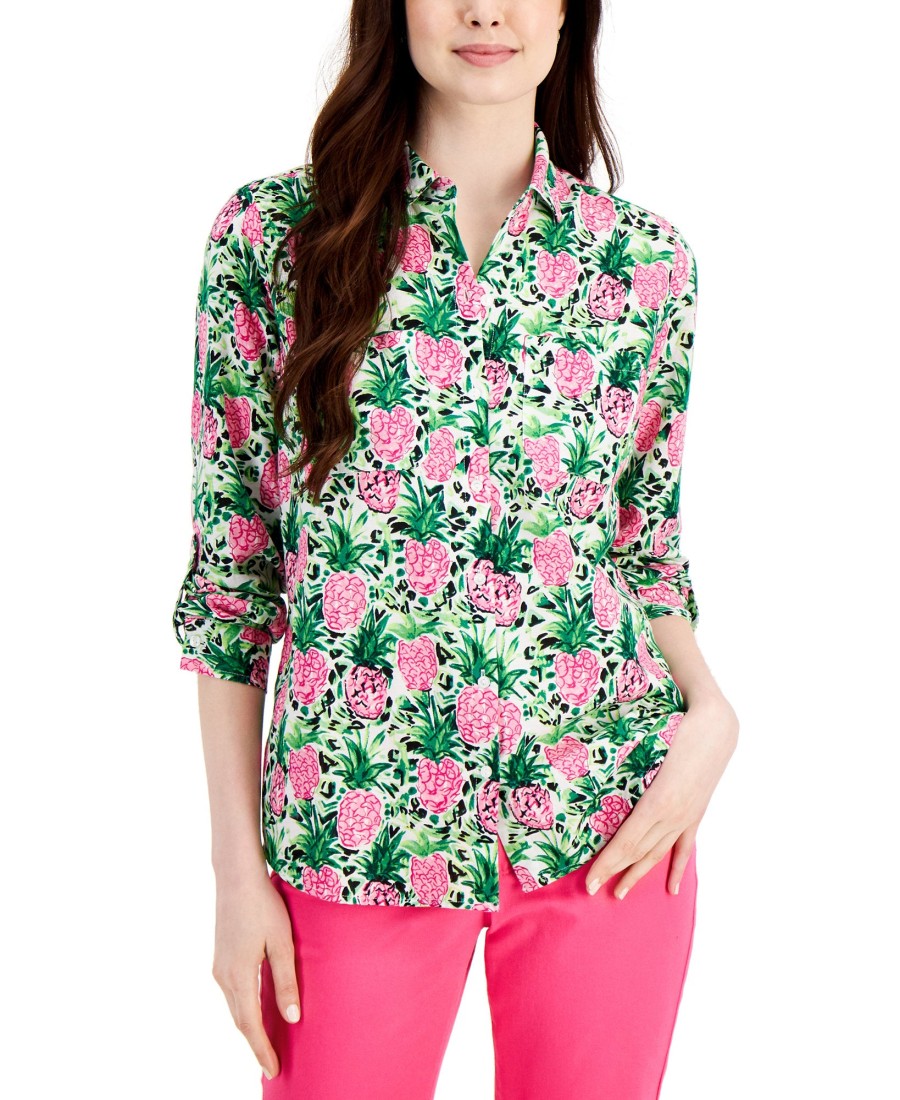 Women'S Charter Club | Printed Button-Up Shirt Bright White Combo