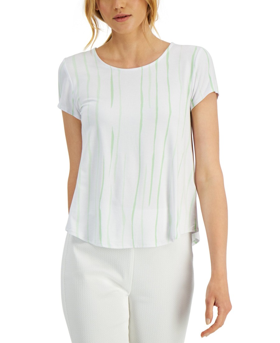 Juniors' Alfani | Petite Printed Step-Hem Top Green Stripe