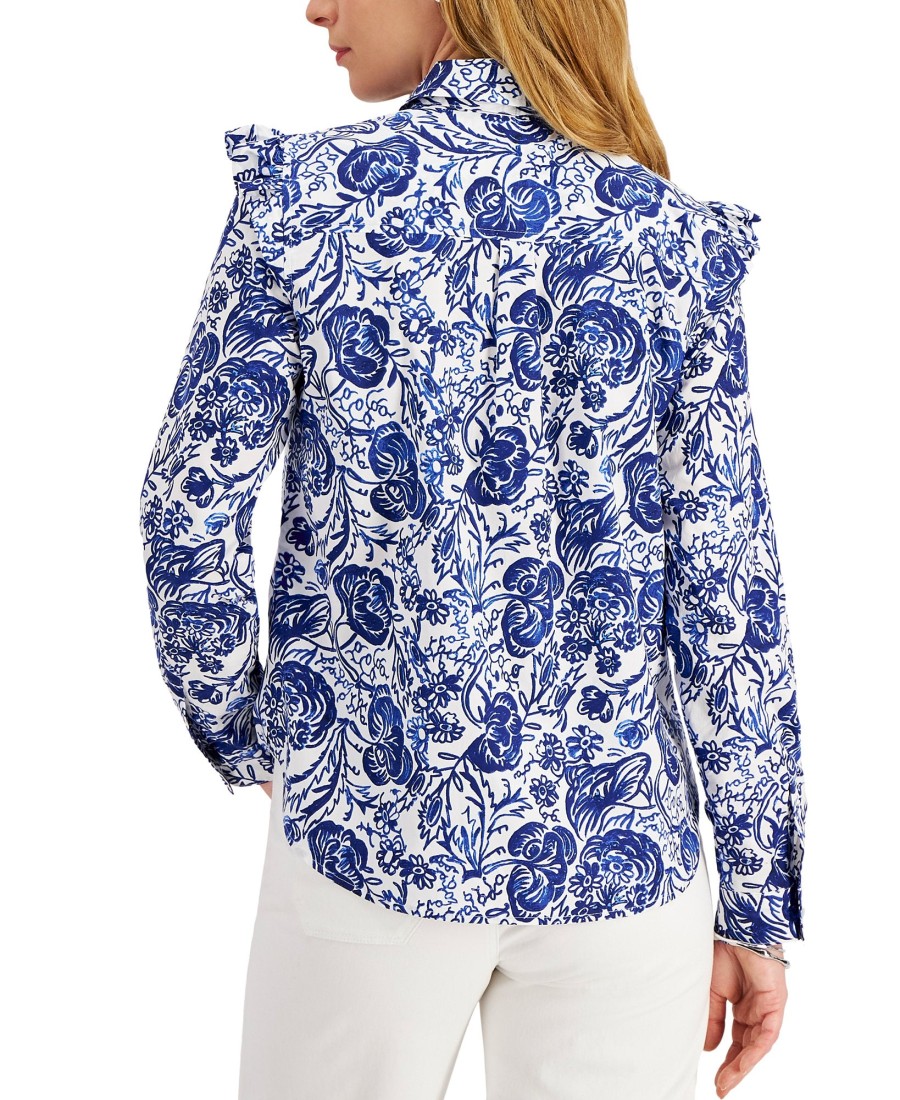 Women'S Charter Club | Printed Tie-Neck Ruffle-Shoulder Shirt Cloud Combo