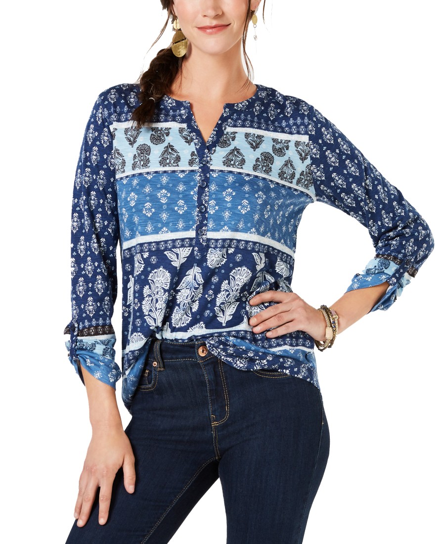 Women'S Style & Co | Printed Split-Neck Top Timeless Navy