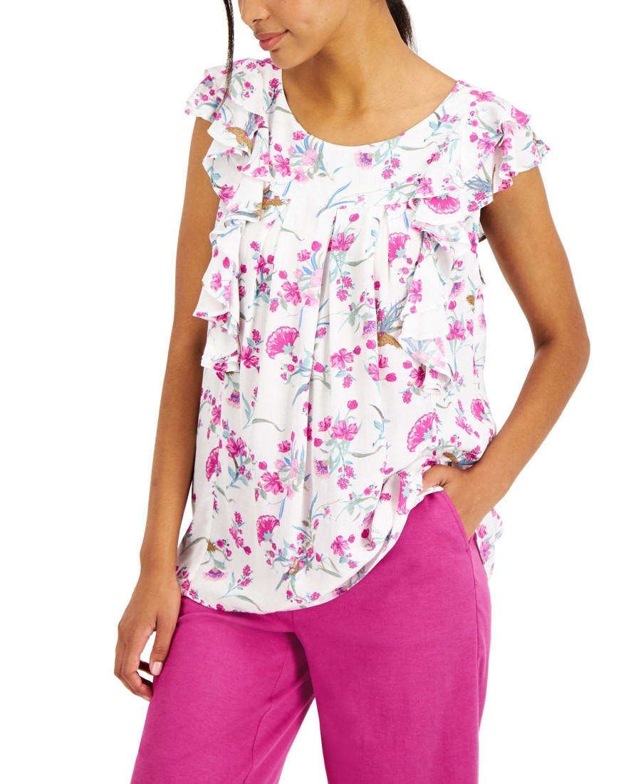 Women'S Charter Club | Sleeveless Printed Top Bright White Combo