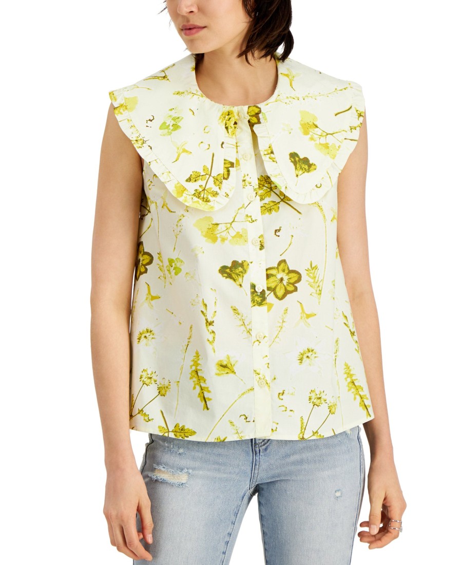 Women'S INC International Concepts | Floral-Print Cotton Ruffle-Collar Top Camille Botanic