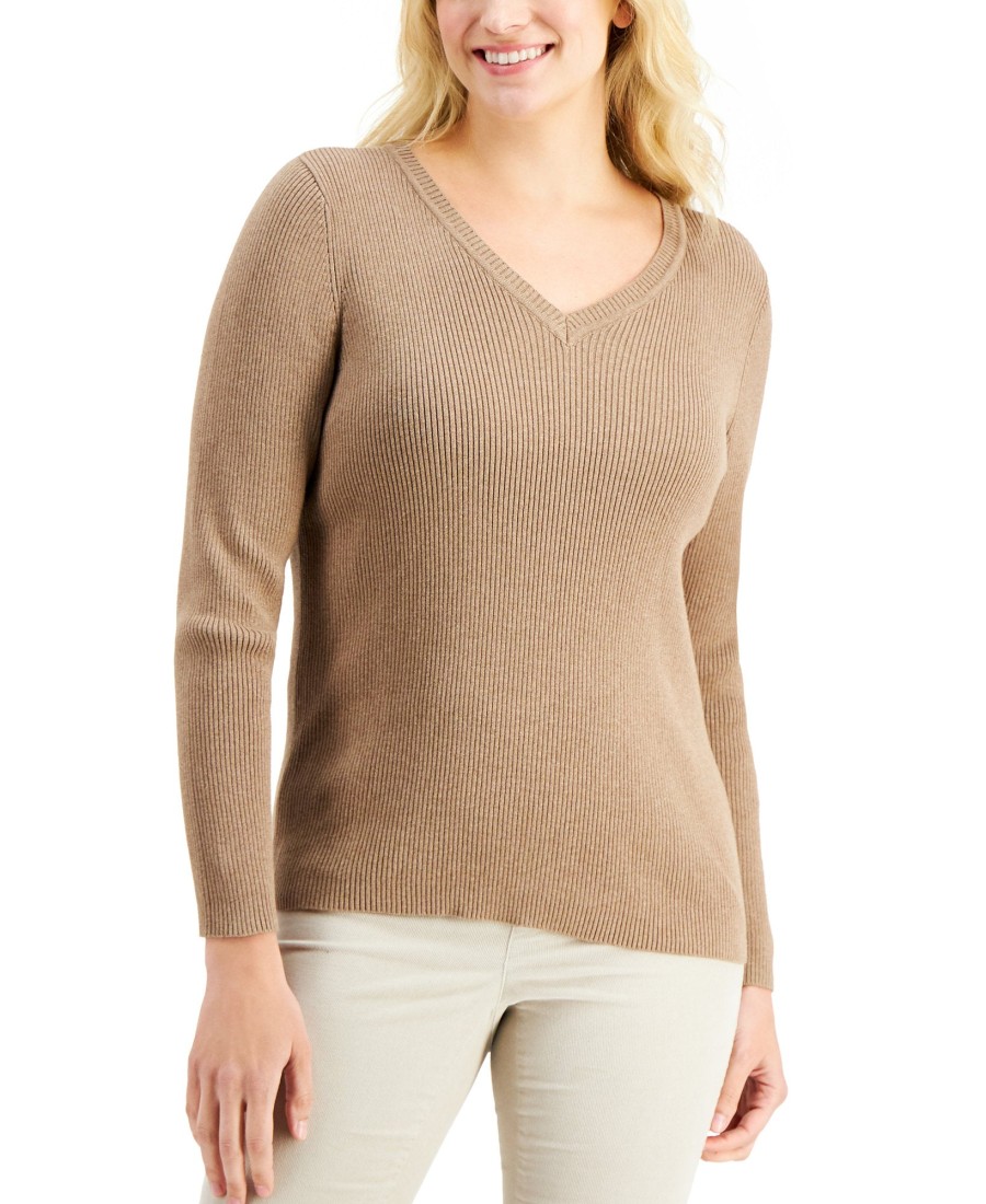 Women'S Karen Scott | Cotton Solid Rib V-Neck Sweater Chestnut Heather