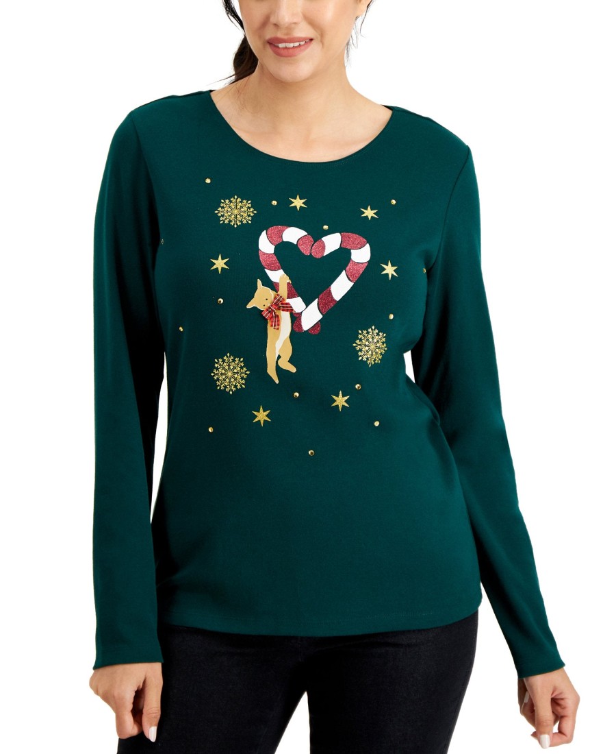 Women'S Karen Scott | Petite Cotton Holiday Top Spruce Night