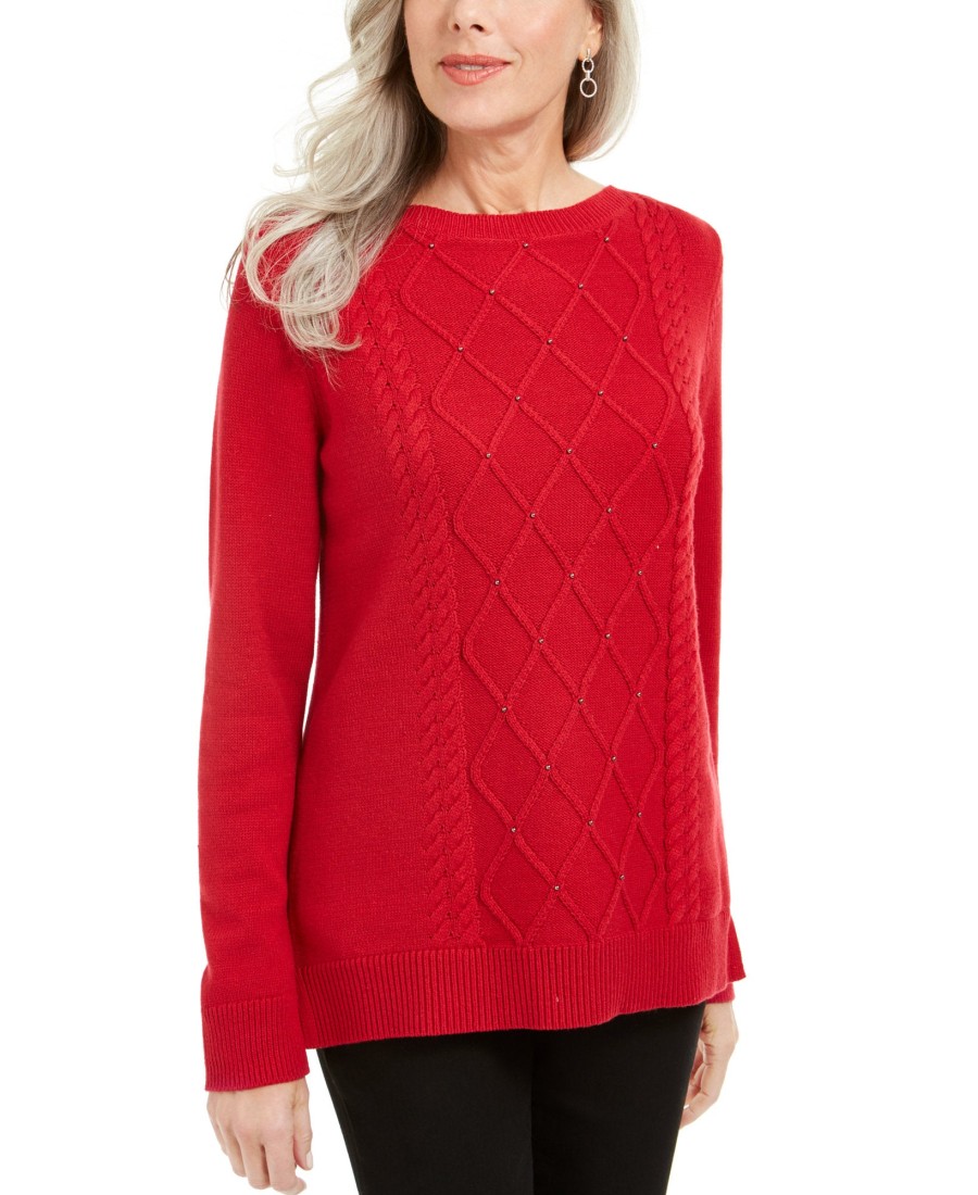 Women'S Karen Scott | Cable-Knit Beaded Sweater New Red Amoure