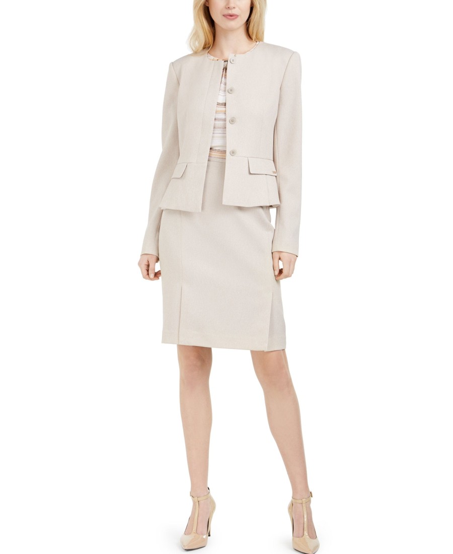 Women'S Calvin Klein | Peplum-Hem Back-Slit Blazer Khaki/White