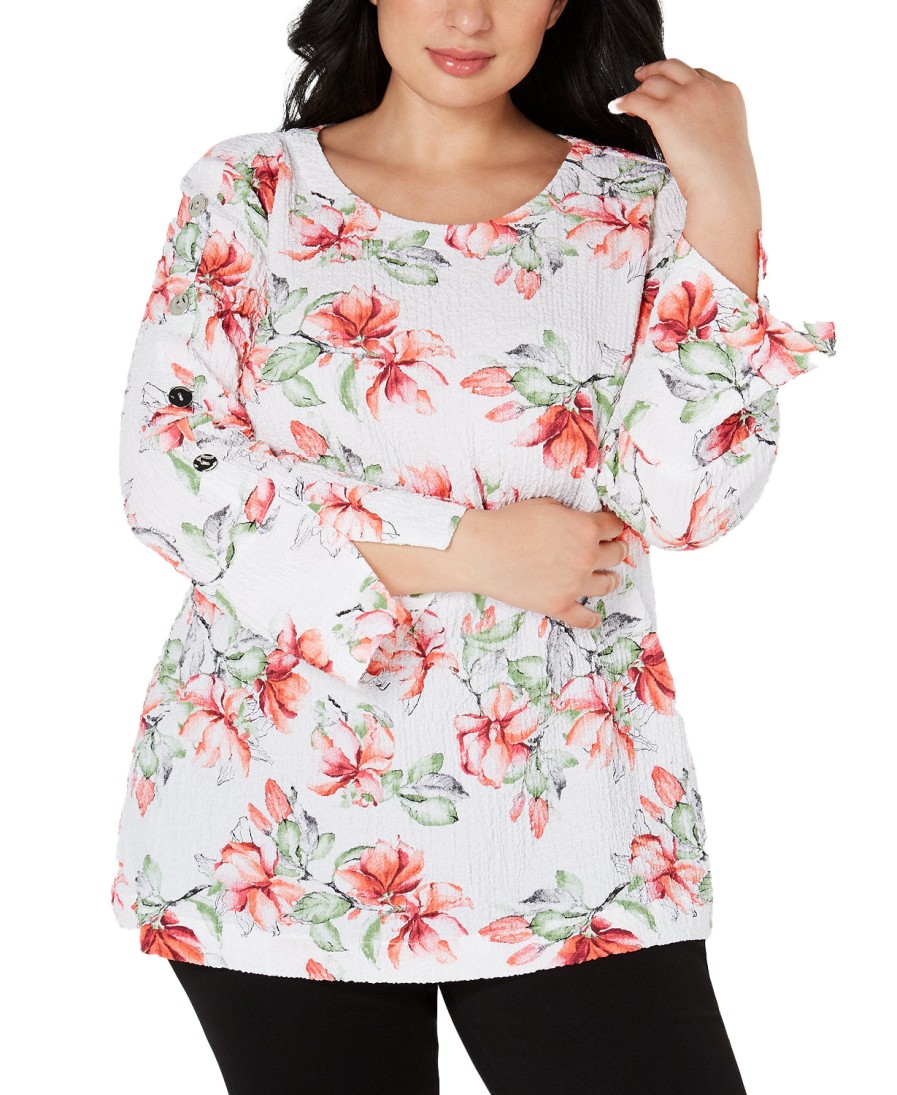 Women'S JM Collection | Plus Textured Printed Button-Sleeve Top Carolina Blooms