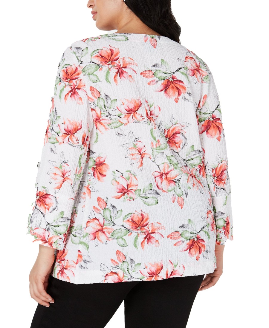 Women'S JM Collection | Plus Textured Printed Button-Sleeve Top Carolina Blooms