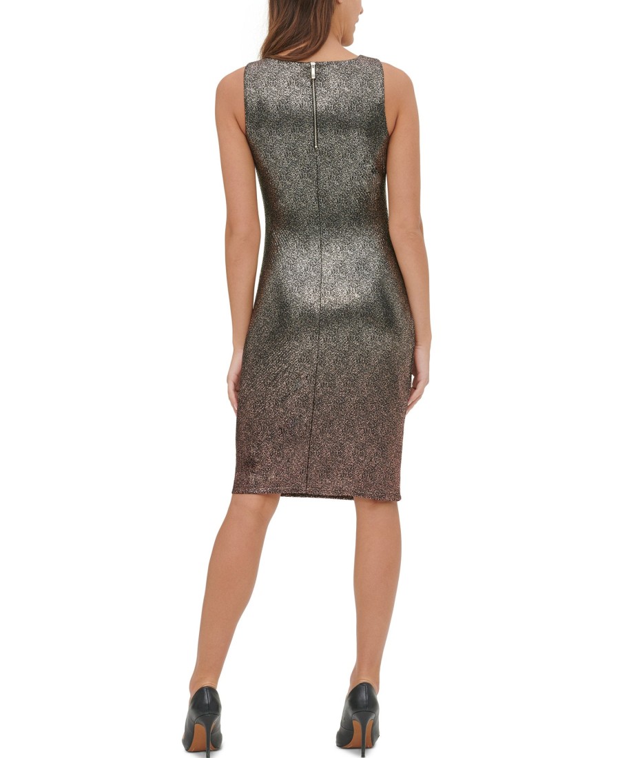 Women'S Tommy Hilfiger | Ruched Metallic Sheath Dress Bronze