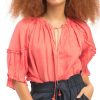 Women'S Black Tape | Ruffle-Trim Peasant Blouse Bright Coral