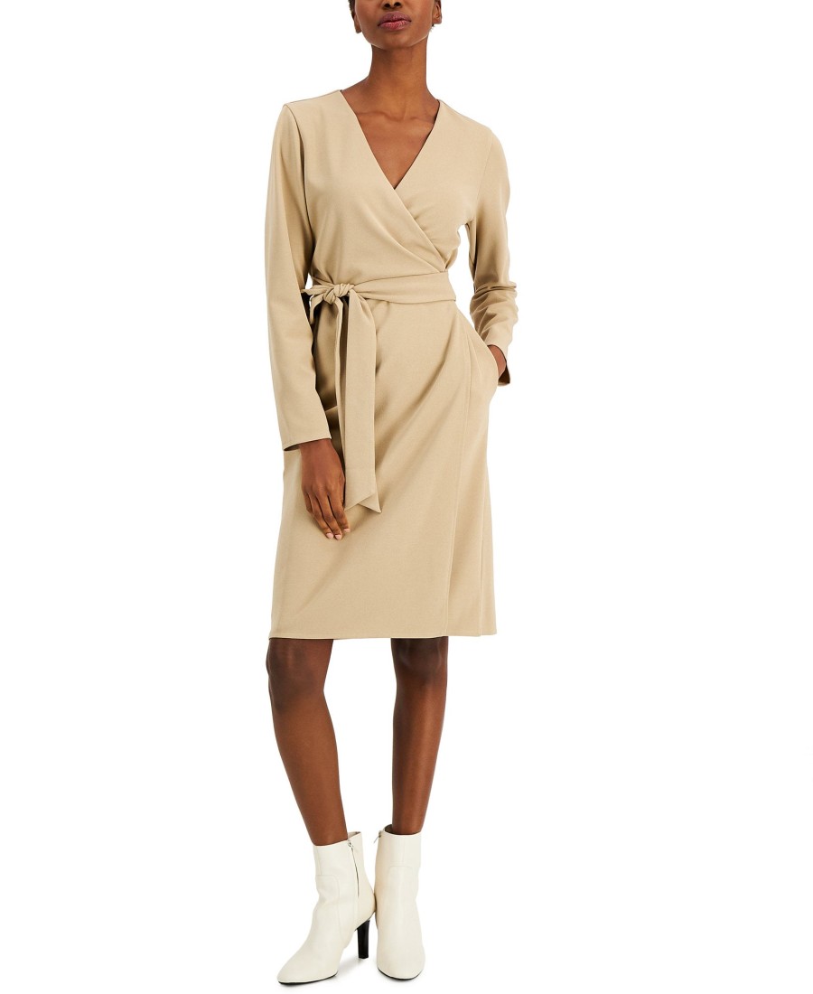 Juniors' Alfani | Petite Belted Wrap Dress Fresh Almond