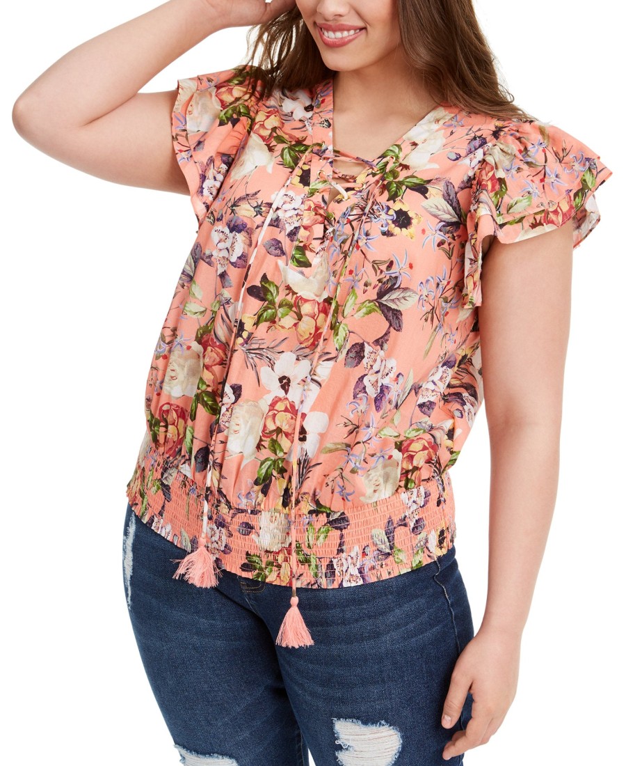 Women'S INC International Concepts | Plus Cotton Lace-Up Flutter Top Regal Blossom