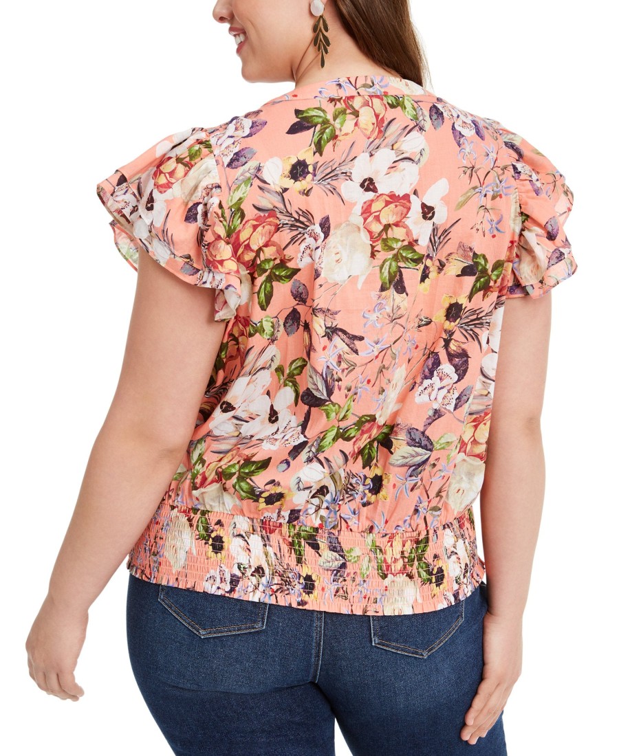 Women'S INC International Concepts | Plus Cotton Lace-Up Flutter Top Regal Blossom