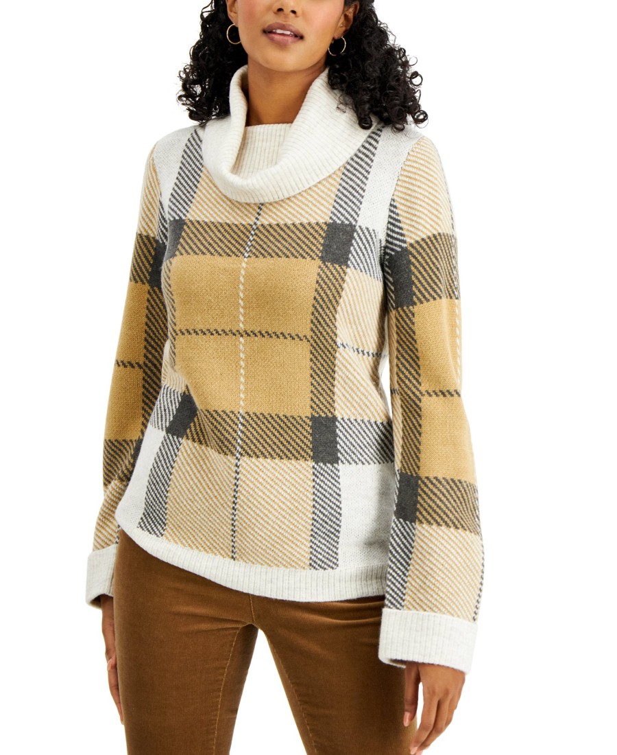 Women'S Charter Club | Plaid Cowlneck Sweater Natural Oat Heather Combo