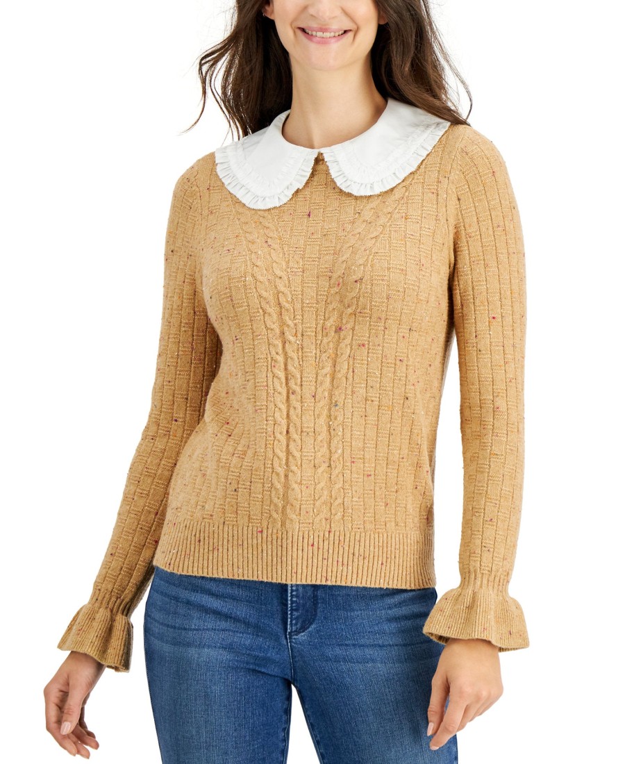 Women'S Charter Club | Removable Collar Knit Sweater Wm Cml Hth Cb