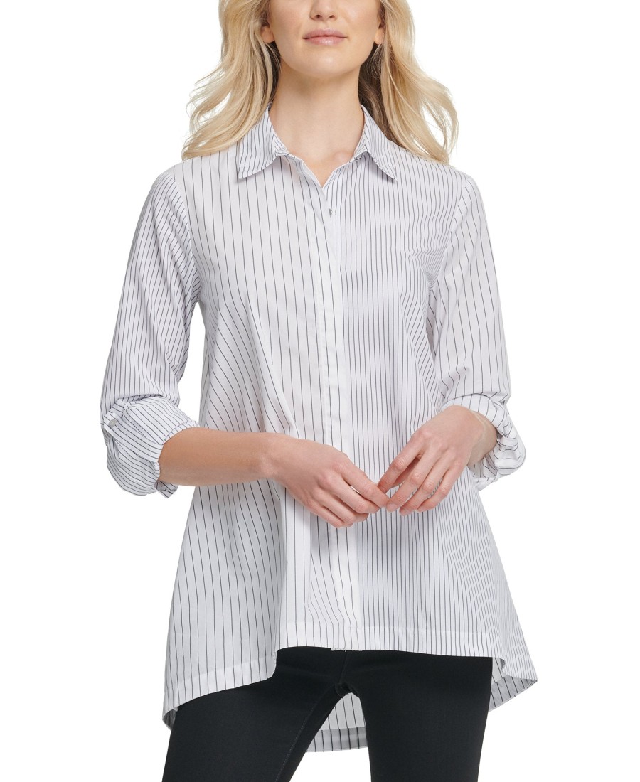 Women'S DKNY | Cotton Striped High-Low Button Down Top Ivory/Navy