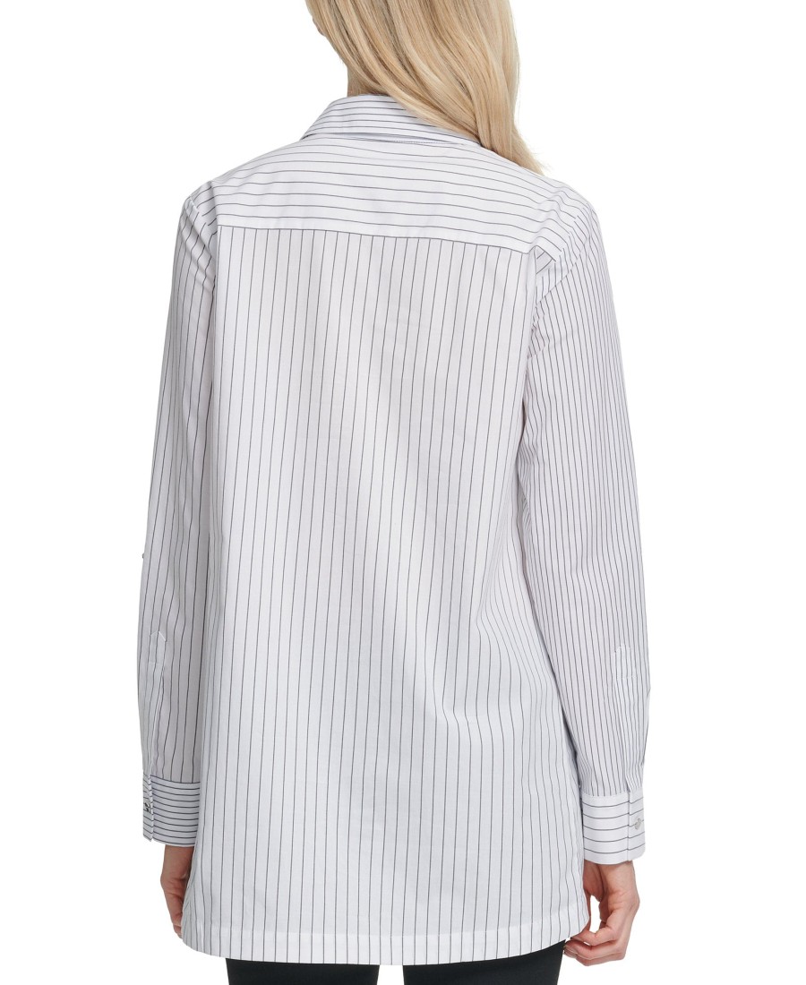 Women'S DKNY | Cotton Striped High-Low Button Down Top Ivory/Navy