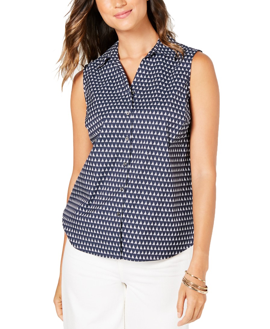 Women'S Charter Club | Sleeveless Sailboat-Print Blouse Intrepid Blue