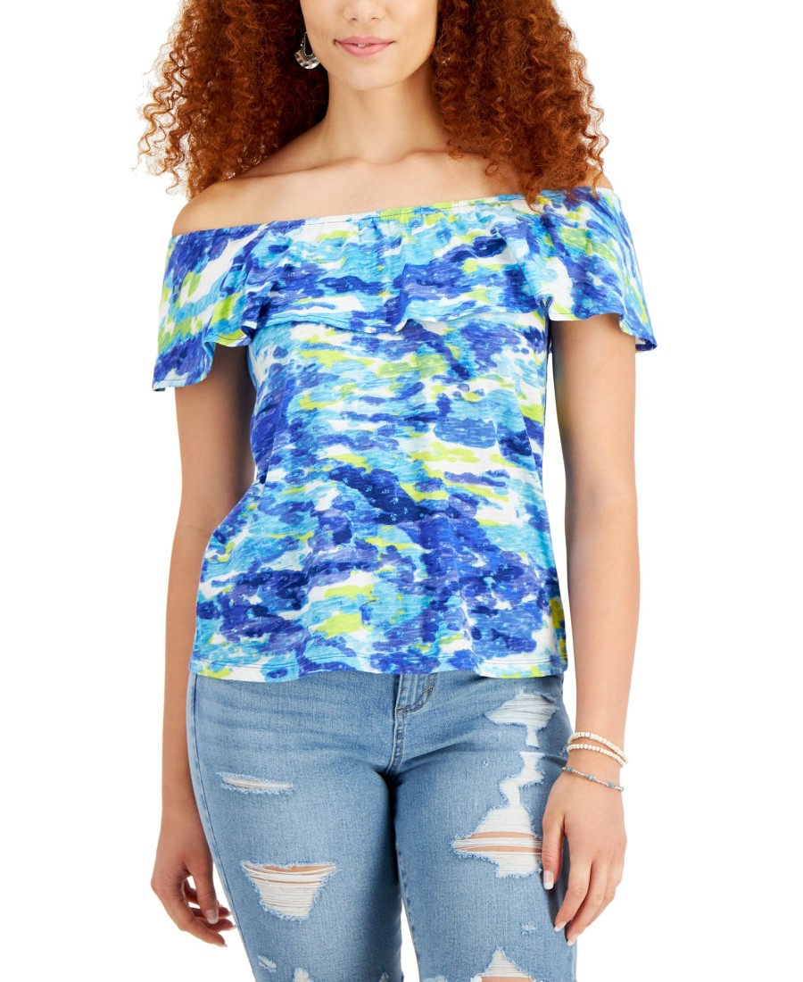 Women'S Style & Co | Petite Cotton Printed Off-The-Shoulder Top Camo Blue