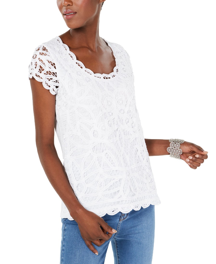 Women'S INC International Concepts | Petite Cotton Lace Top Bright White