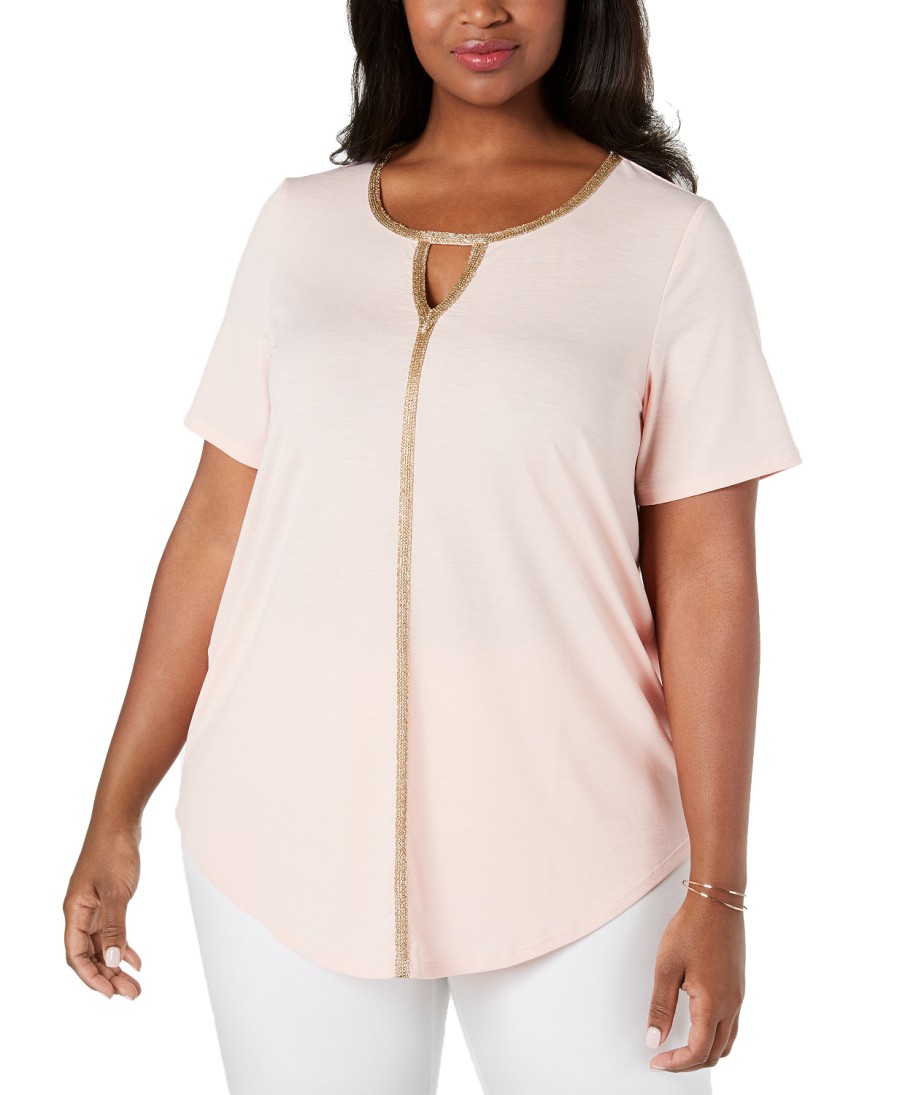 Women'S JM Collection | Plus Metallic-Trim Keyhole Top Peach Melba