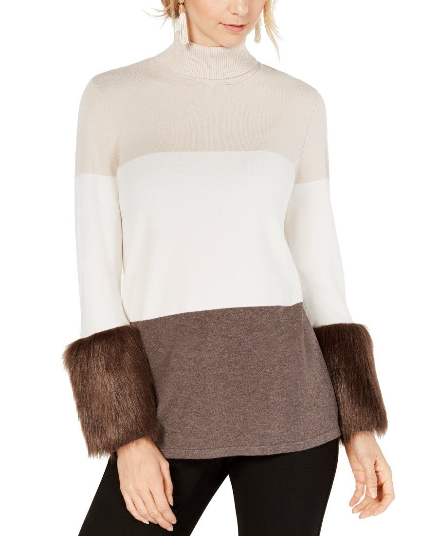 Juniors' Alfani | Colorblock Faux Fur Cuff Sweater Zinc/Cloud