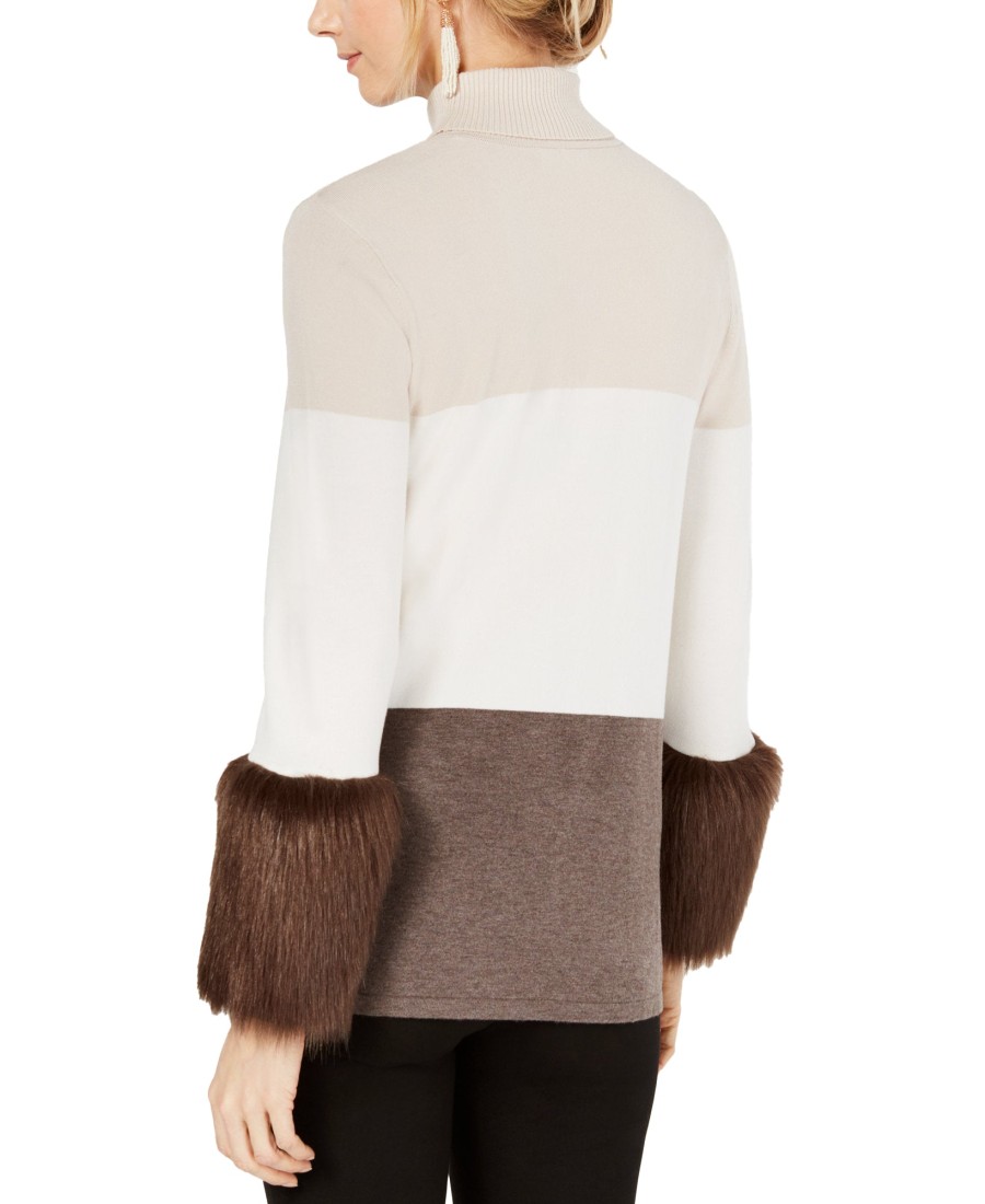 Juniors' Alfani | Colorblock Faux Fur Cuff Sweater Zinc/Cloud