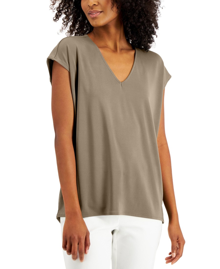 Juniors' Alfani | V-Neck Cap-Sleeve Top Fresh Almond