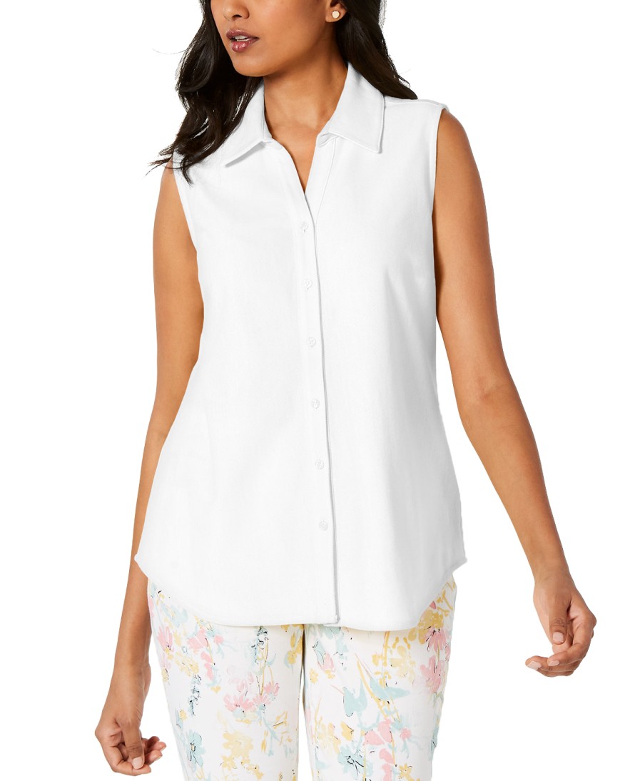 Women'S Charter Club | Cotton Pique Sleeveless Shirt Bright White