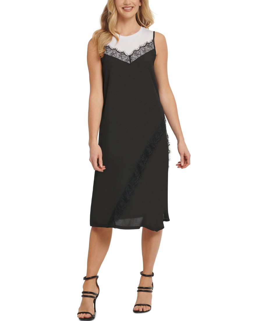 Women'S DKNY | Mixed-Media Sleeveless Dress White/Black