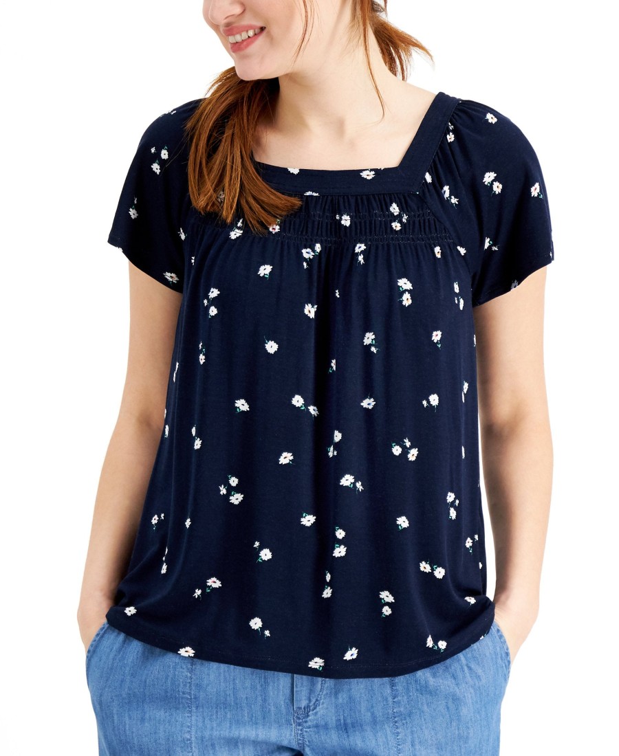 Women'S Style & Co | Printed Square-Neck Top Industiral Blue Daisy