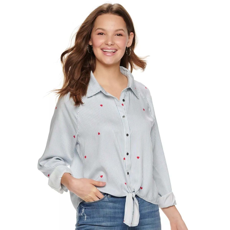 Juniors' Love, Fire | Juniors' Long Sleeve Knotted Front Button Down Shirt Heart Conversational