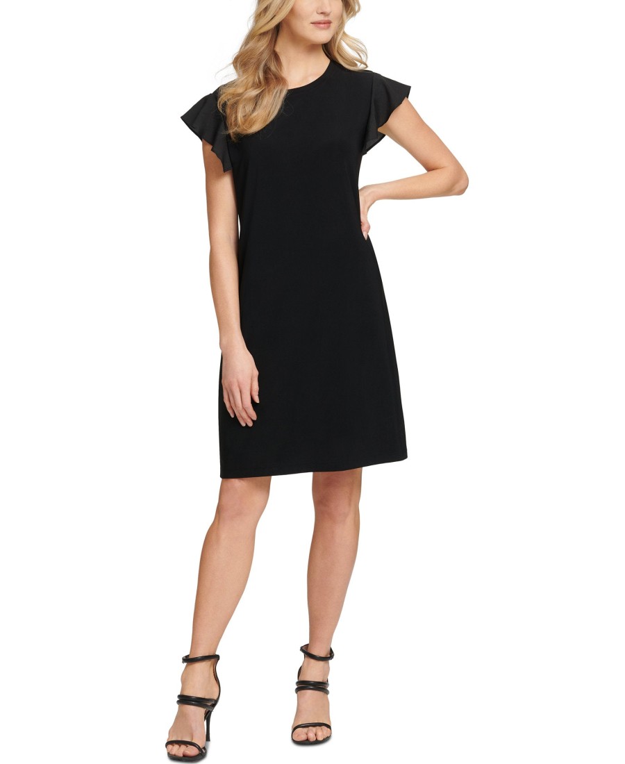 Women'S DKNY | Mixed-Media Flutter-Sleeve Dress Black