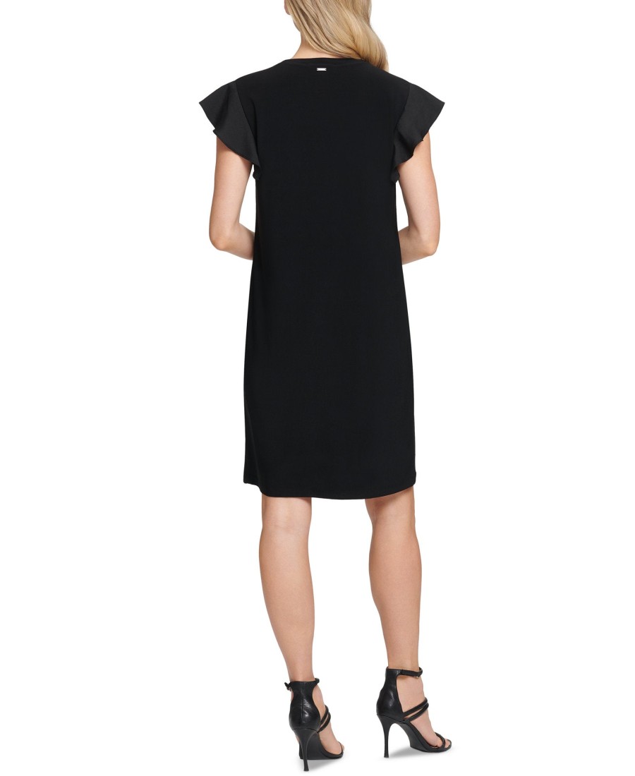 Women'S DKNY | Mixed-Media Flutter-Sleeve Dress Black