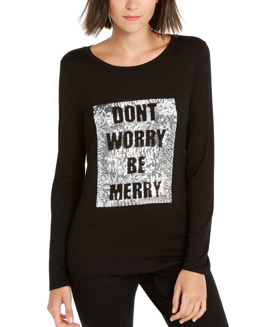 Women'S INC International Concepts | Sequined Be Merry Top Deep Black