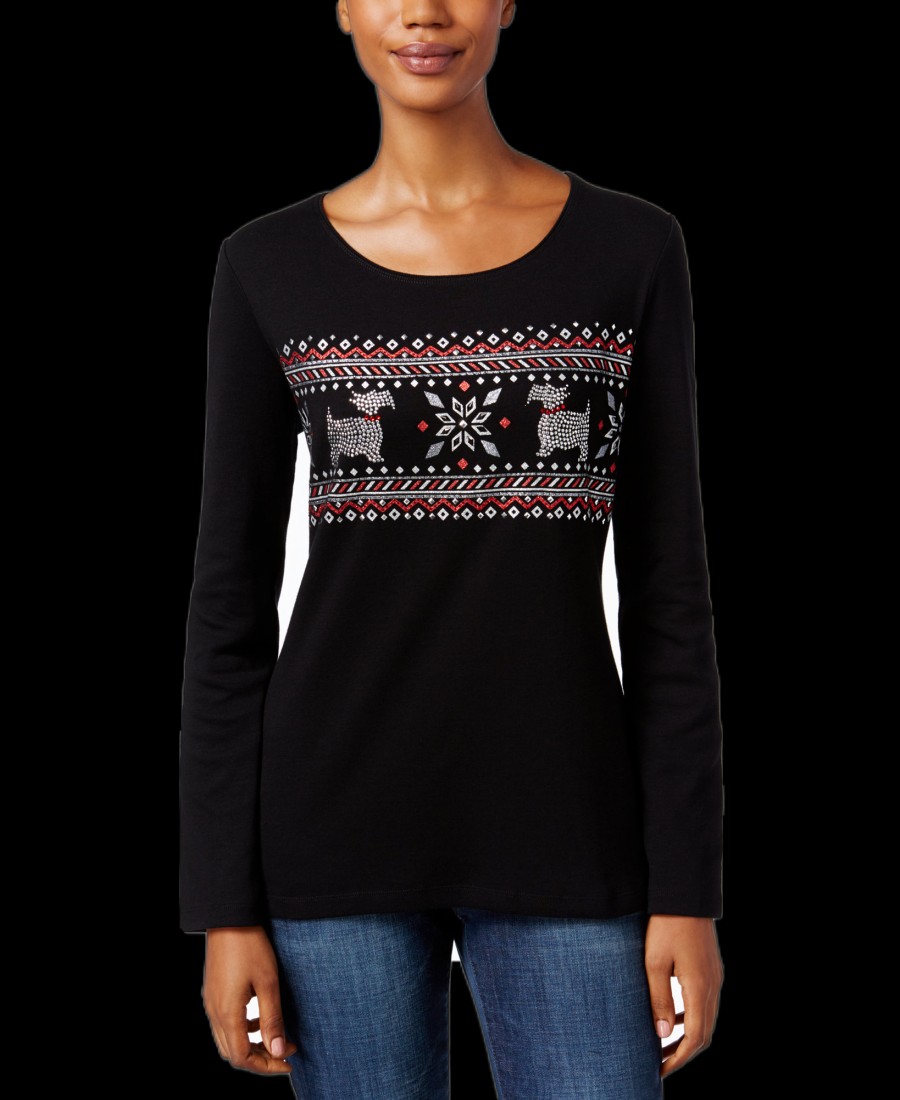 Women'S Karen Scott | Petite Embellished Fair Isle Graphic Top Deep Black