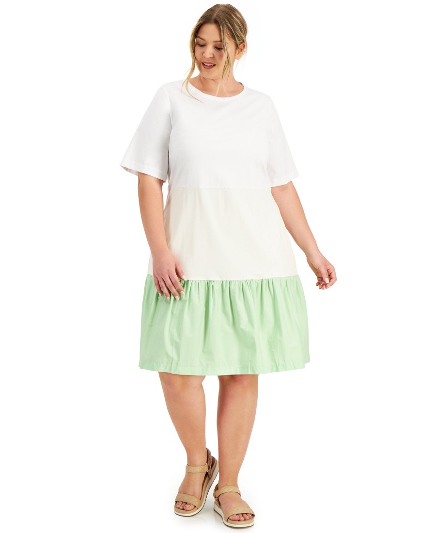 Juniors' Alfani | Plus Mixed-Media Dress Bright White