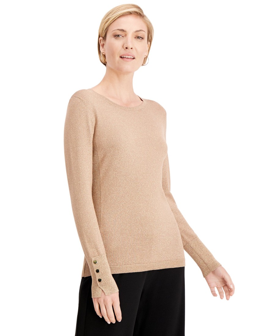 Women'S JM Collection | Metallic Round-Neck Stud-Cuff Sweater Gold Lurex