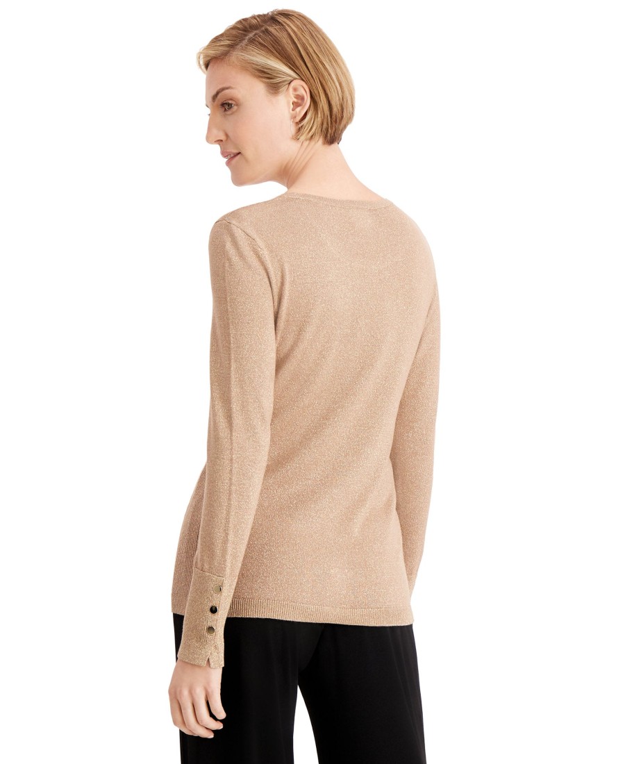 Women'S JM Collection | Metallic Round-Neck Stud-Cuff Sweater Gold Lurex