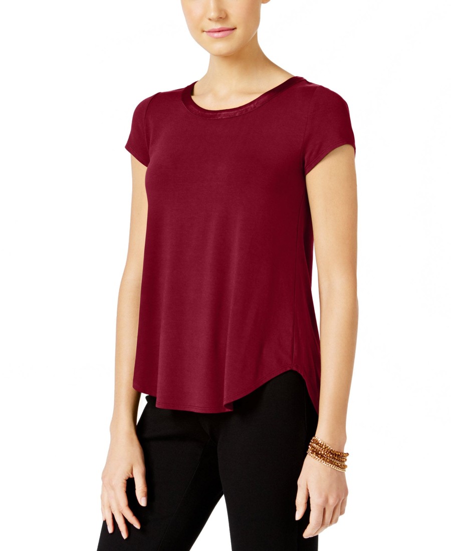 Women'S Alfani | Petite Satin-Trim High-Low T-Shirt Malbec