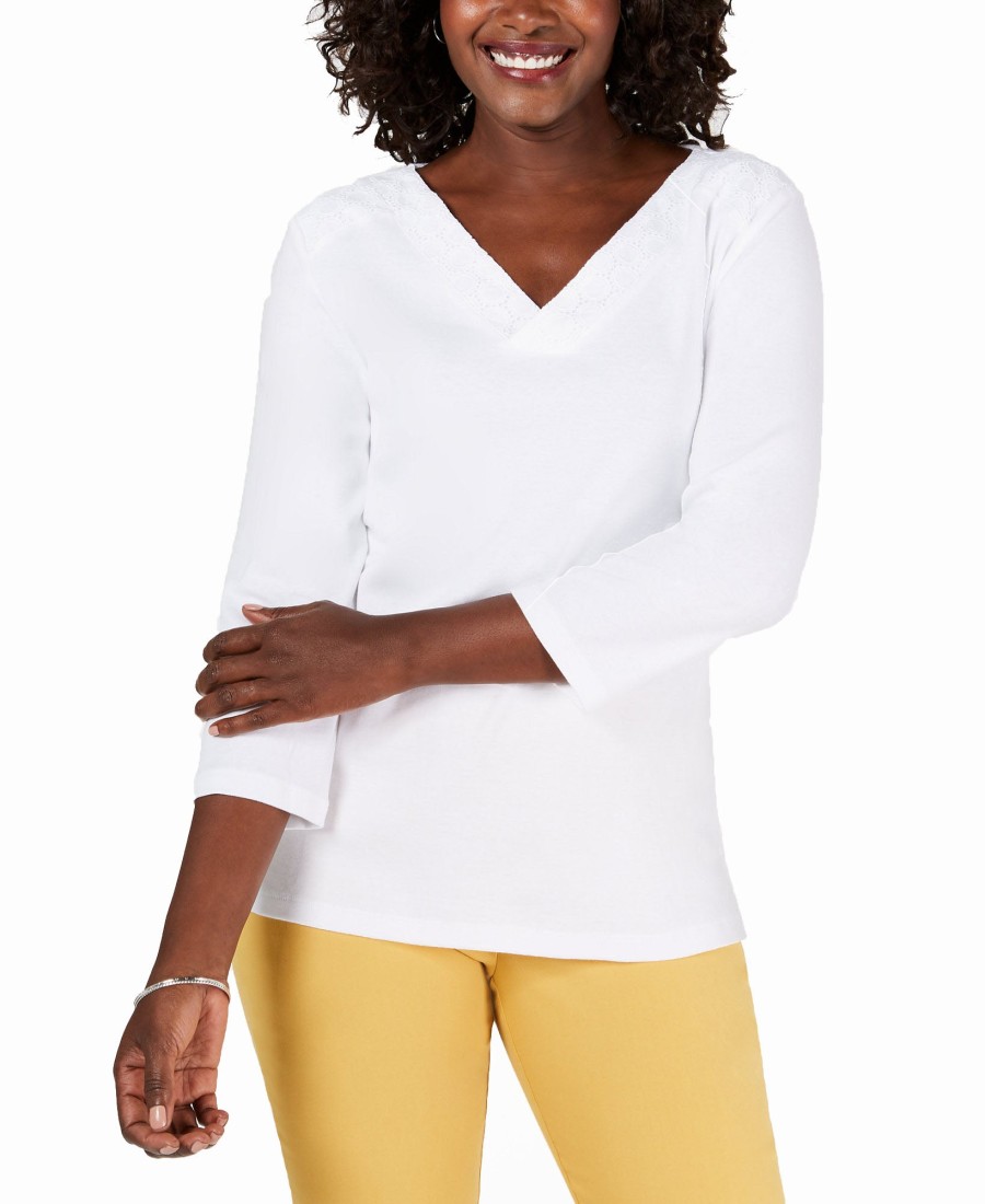 Women'S Karen Scott | Eyelet-Trim Top Bright White