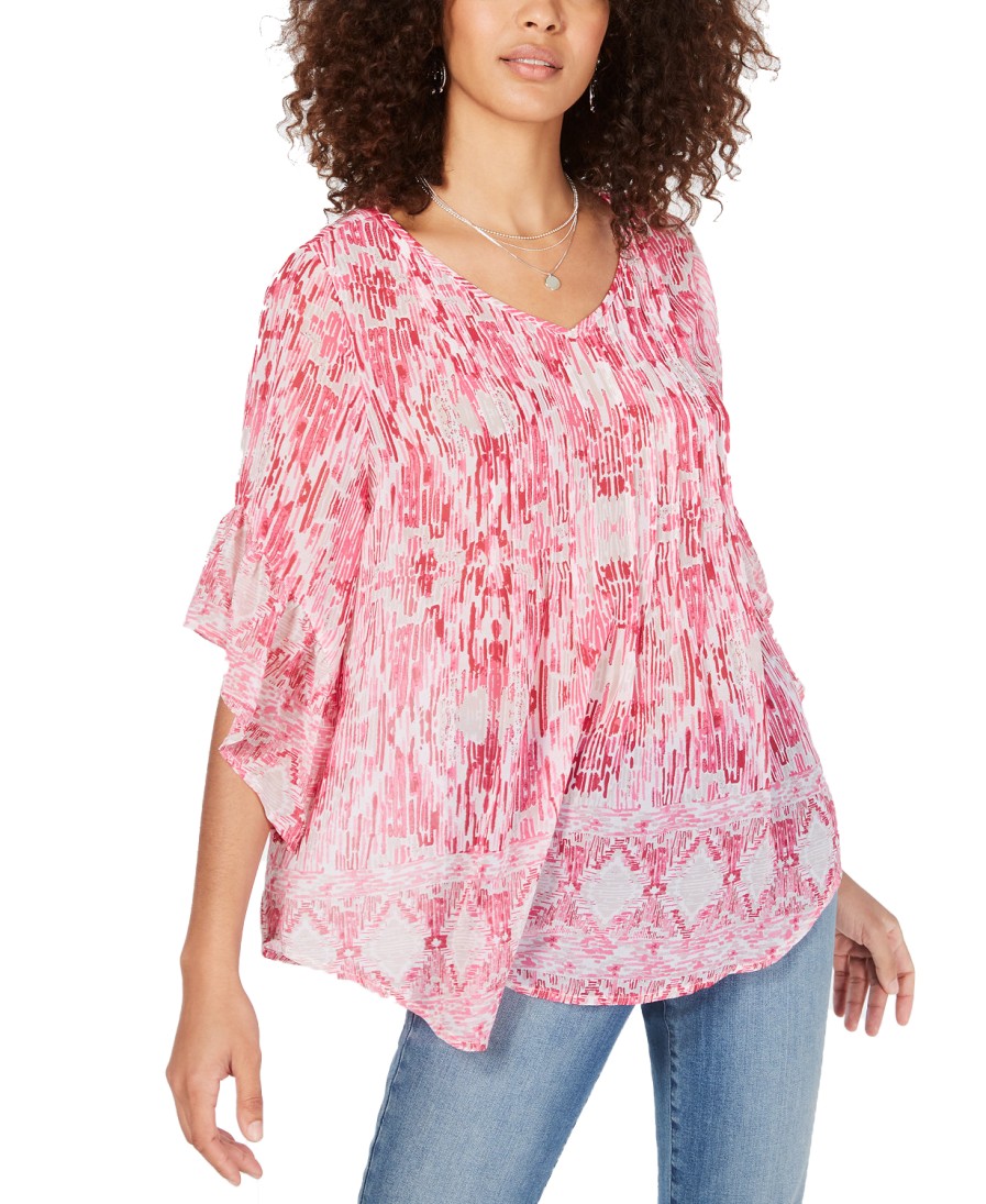 Women'S Style & Co | Retro Scarf-Print Pintuck-Pleat Top Southwest Pinks