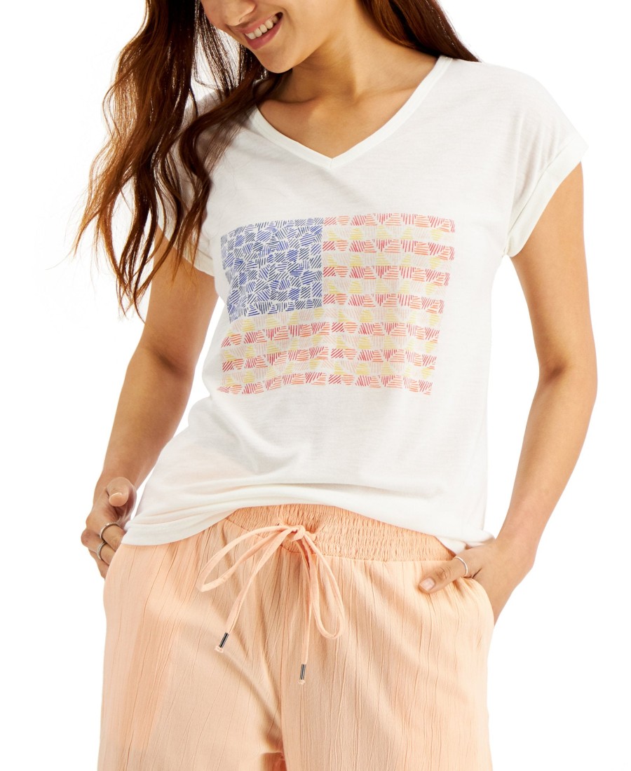 Women'S Style & Co | Petite Graphic Cuffed T-Shirt Line Flag