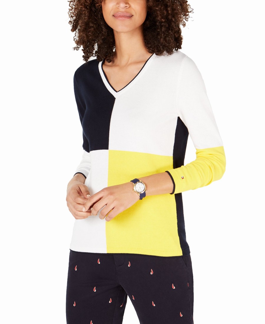 Women'S Tommy Hilfiger | Colorblocked V-Neck Cotton Sweater Lemon Multi