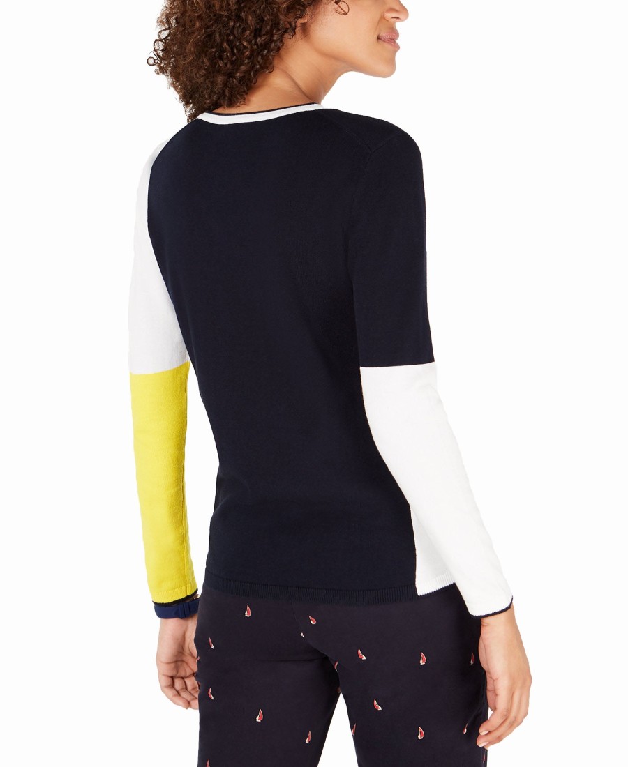 Women'S Tommy Hilfiger | Colorblocked V-Neck Cotton Sweater Lemon Multi